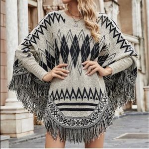 Knit Fringe Maxi Cuff Poncho Sweater